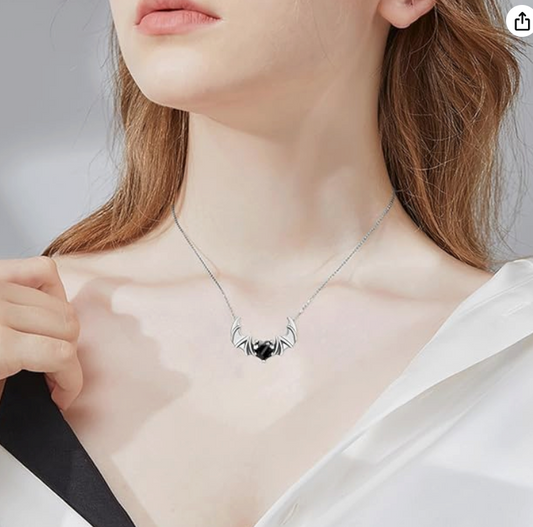 Black Diamond Bat Necklace Bat Wing Pendant Chain Hear Love Jewelry Halloween Birthday Gift 925 Sterling Silver 20in.