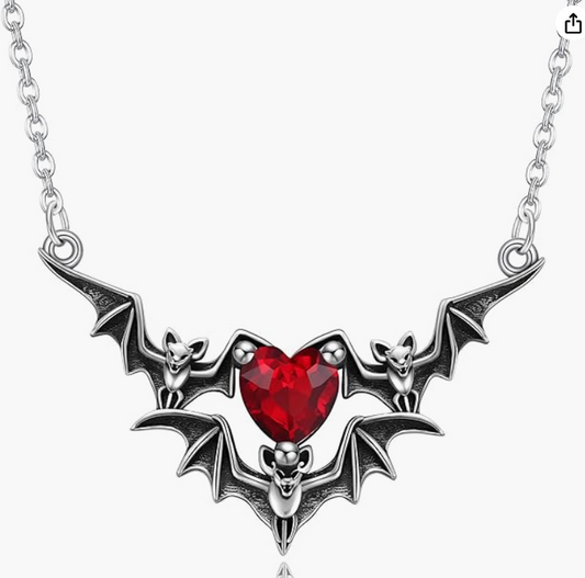 Red Heart Diamond Bat Necklace Black Bat Wing Pendant Chain Love Jewelry Halloween Birthday Gift 925 Sterling Silver 20in.