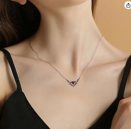 Red Heart Diamond Bat Necklace Black Bat Wing Pendant Chain Love Jewelry Halloween Birthday Gift 925 Sterling Silver 20in.
