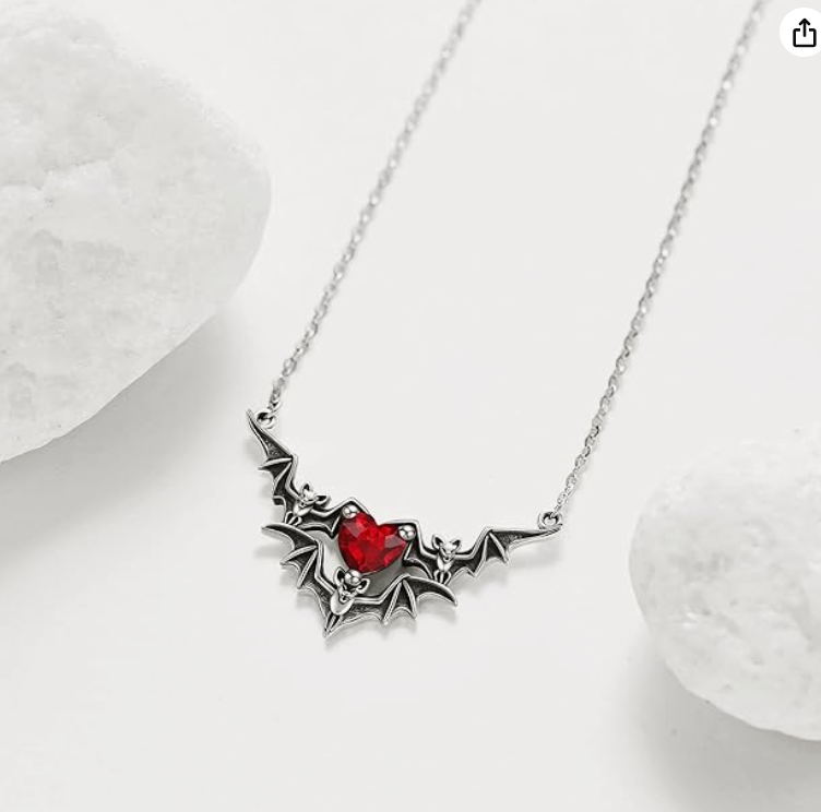 Red Heart Diamond Bat Necklace Black Bat Wing Pendant Chain Love Jewelry Halloween Birthday Gift 925 Sterling Silver 20in.