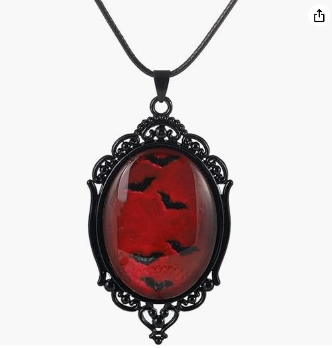 Vintage Blood Bat Cabochon Necklace Black Bat Wing Cameo Pendant Gothic Vampire Chain Mystic Witch Jewelry Halloween Birthday Gift 20in.