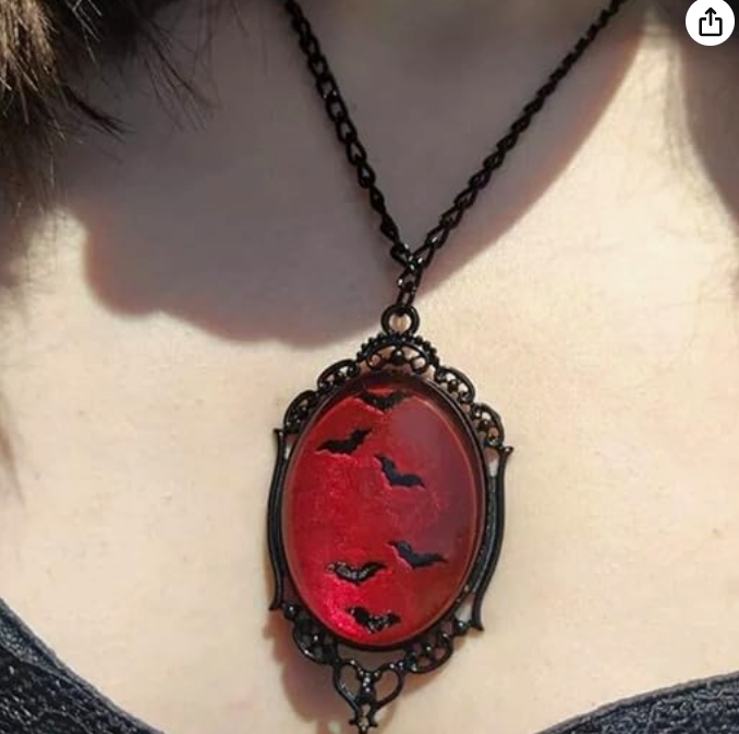 Vintage Blood Bat Cabochon Necklace Black Bat Wing Cameo Pendant Gothic Vampire Chain Mystic Witch Jewelry Halloween Birthday Gift 20in.