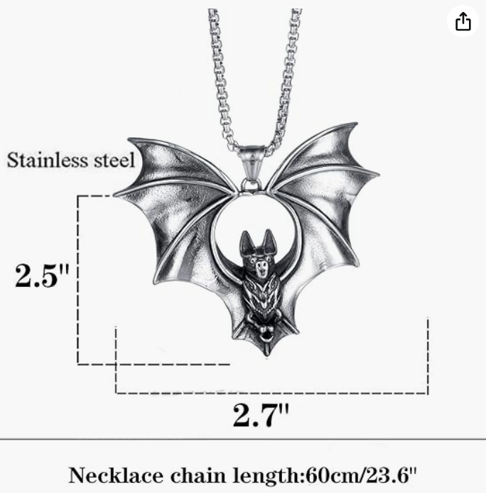 Stainless Steel Bat Necklace Black Bat Wing Pendant Chain Gothic Mystic Witch Halloween Jewelry Birthday Gift 24in.