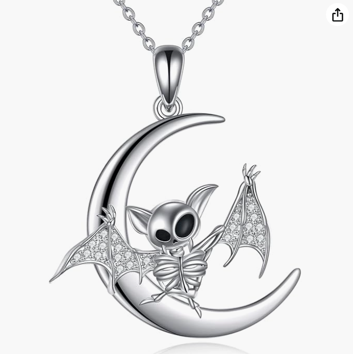 Cute Bat Skeleton Necklace Moon Bat Wing Diamond Pendant Chain Gothic Mystic Witch Halloween Jewelry Birthday Gift 925 Sterling Silver 20in.