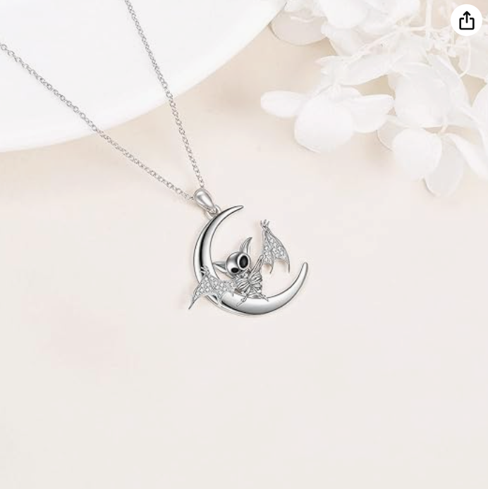 Cute Bat Skeleton Necklace Moon Bat Wing Diamond Pendant Chain Gothic Mystic Witch Halloween Jewelry Birthday Gift 925 Sterling Silver 20in.