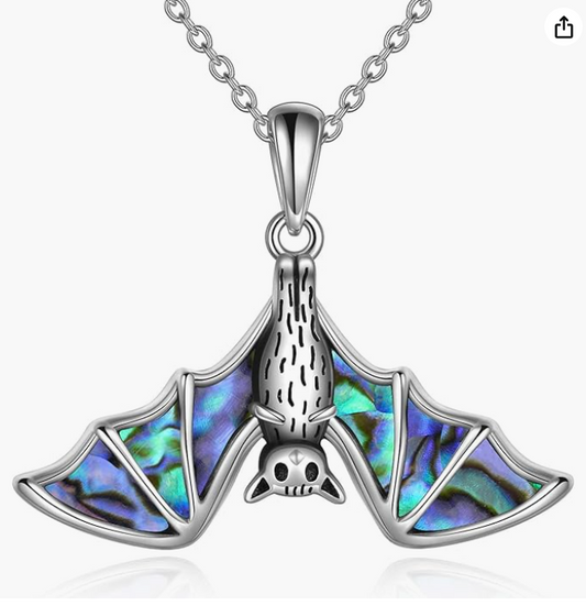 Abalone Bat Necklace Moon Bat Wing Pendant Chain Gothic Mystic Witch Halloween Jewelry Birthday Gift 925 Sterling Silver 20in.