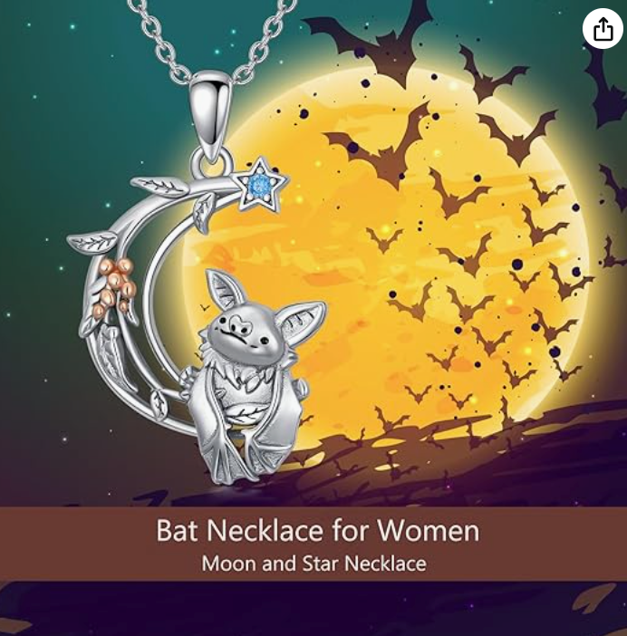 Star Moon Bat Necklace Moon Bat Wing Pendant Chain Gothic Mystic Witch Halloween Jewelry Birthday Gift 925 Sterling Silver 20in.