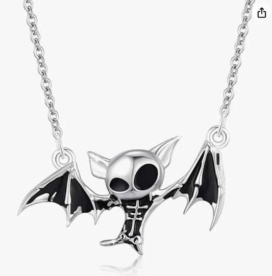 Black Skull Bat Necklace Bat Wing Pendant Chain Gothic Mystic Witch Halloween Jewelry Birthday Gift 20in.