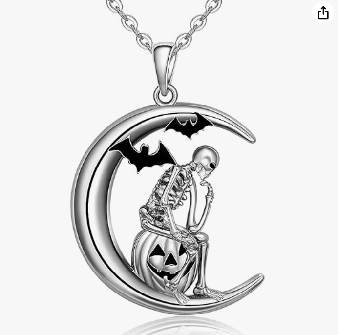 Skeleton Moon Bat Necklace Bat Wing Pumpkin Pendant Chain Gothic Mystic Witch Halloween Jewelry Birthday Gift 20in.