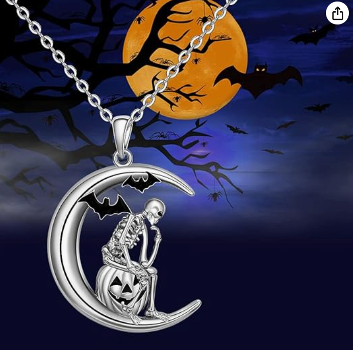 Skeleton Moon Bat Necklace Bat Wing Pumpkin Pendant Chain Gothic Mystic Witch Halloween Jewelry Birthday Gift 20in.