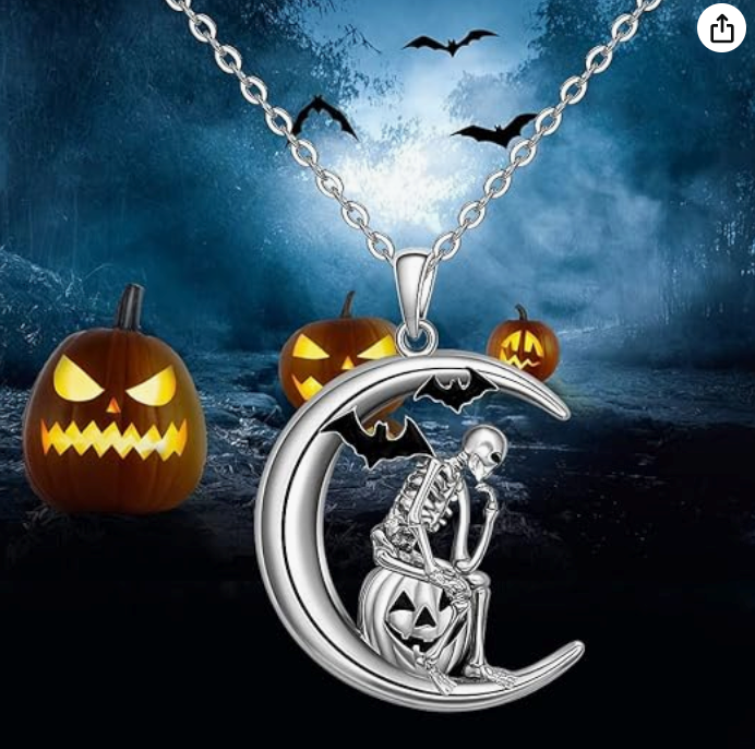 Skeleton Moon Bat Necklace Bat Wing Pumpkin Pendant Chain Gothic Mystic Witch Halloween Jewelry Birthday Gift 20in.