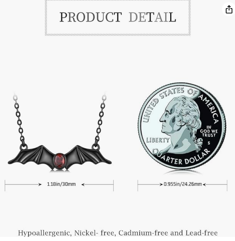 Red Blood Stone Bat Necklace Black Bat Wing Pendant Chain Gothic Mystic Witch Halloween Jewelry Birthday Gift 925 Sterling Silver 20in.