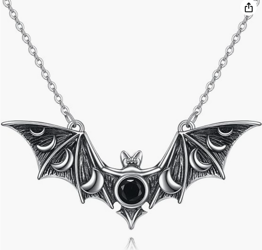 Bat Necklace Black Bat Wing Moon Pendant Chain Gothic Mystic Witch Halloween Jewelry Birthday Gift 925 Sterling Silver 20in.