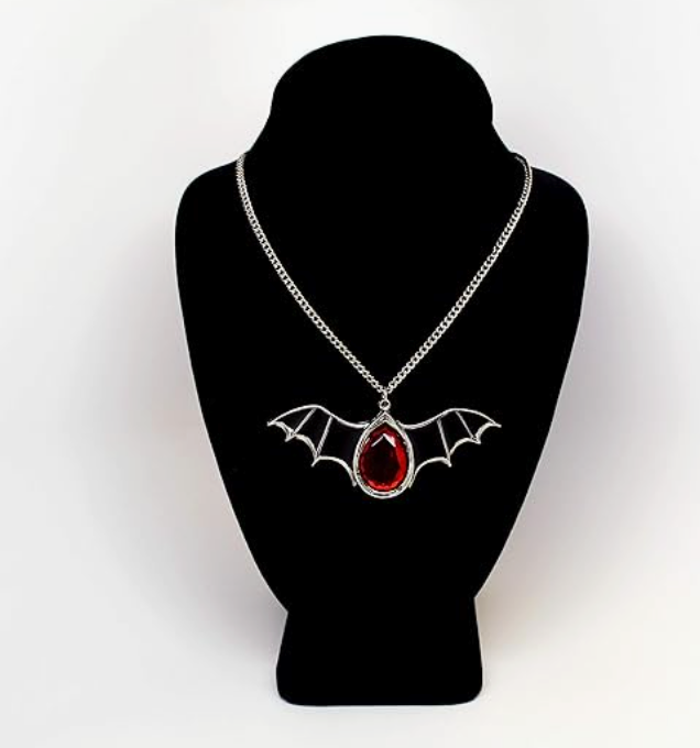 Blood Red Stone Bat Necklace Black Bat Wing Moon Pendant Chain Gothic Mystic Witch Halloween Jewelry Birthday Gift 20in.