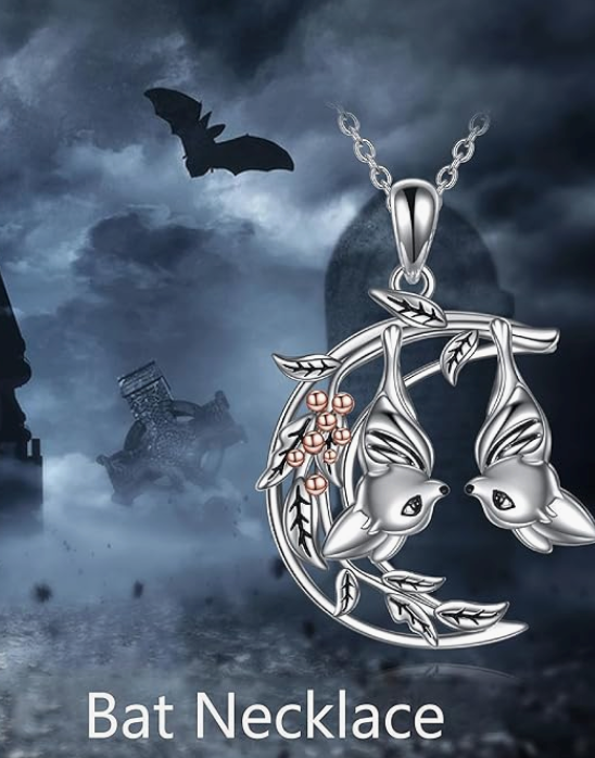 2 Bat Hanging Moon Necklace Black Bat Wing Pendant Chain Gothic Mystic Witch Halloween Jewelry Birthday Gift 925 Sterling Silver 20in.