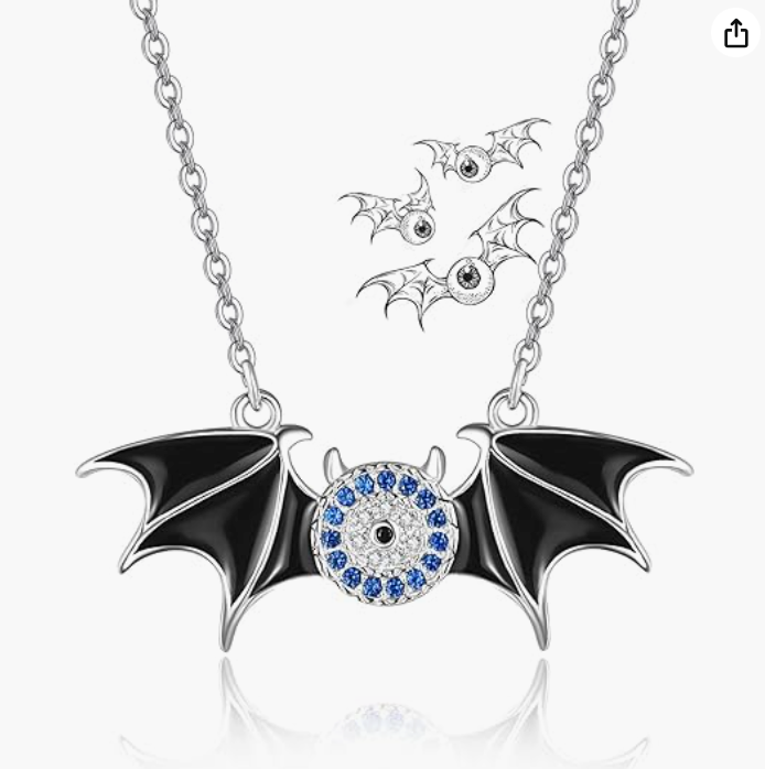 Blue Evil Eye Bat Necklace Black Bat Wing Pendant Chain Gothic Mystic Witch Halloween Jewelry Birthday Gift 925 Sterling Silver 20in.