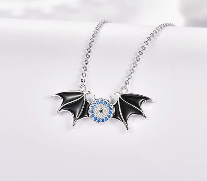 Blue Evil Eye Bat Necklace Black Bat Wing Pendant Chain Gothic Mystic Witch Halloween Jewelry Birthday Gift 925 Sterling Silver 20in.