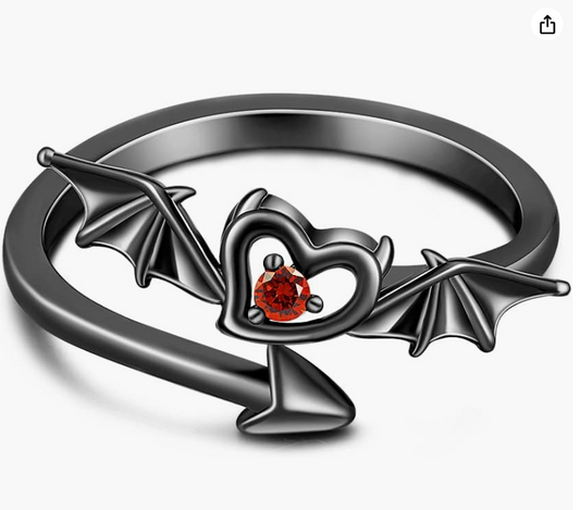 Heart Love Red Bloodstone Adjustable Black Bat Ring Bat Wing Gothic Mystic Witch Ring Halloween Jewelry Birthday Gift 925 Sterling Silver