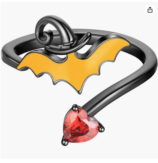 Adjustable Witch Hat Red Bloodstone Heart Love Black Bat Ring Bat Wing Gothic Mystic Witch Ring Halloween Jewelry Birthday Gift 925 Sterling Silver