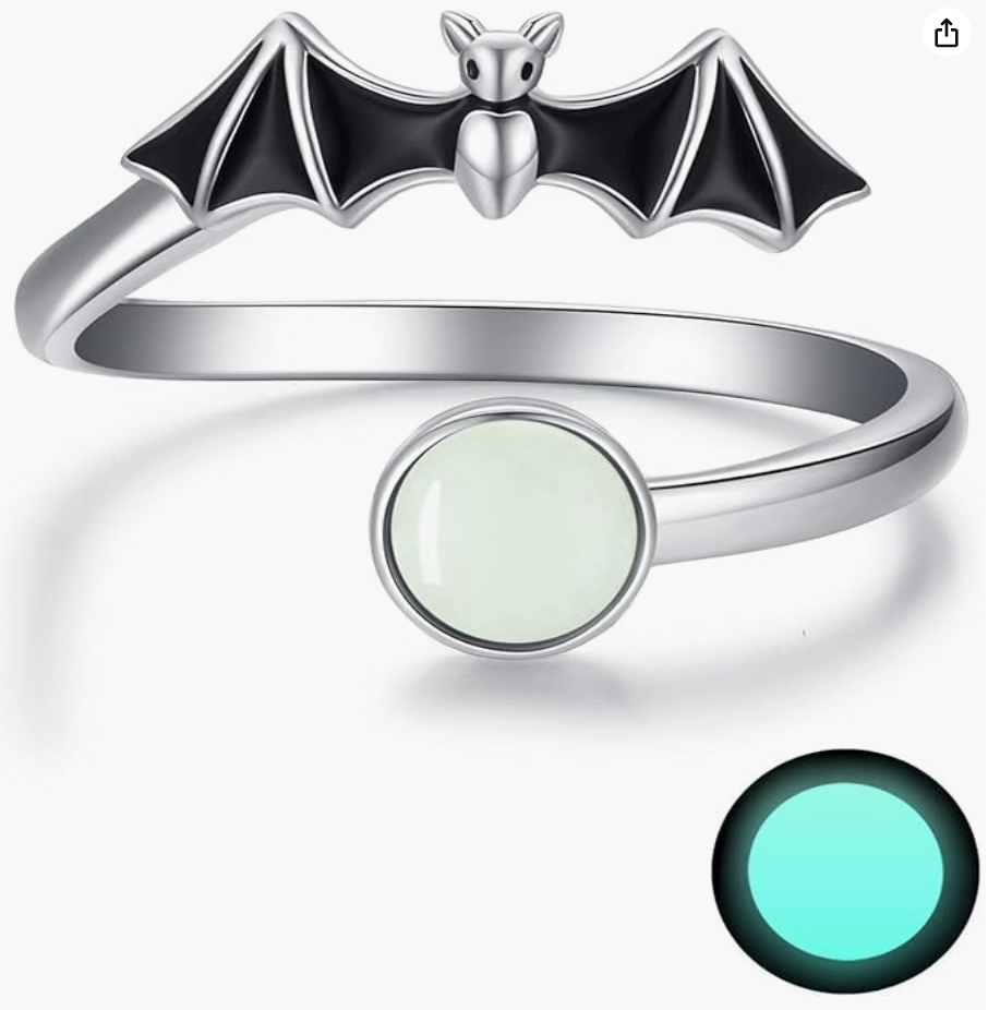 Glow In The Dark Adjustable Black Bat Ring Bat Wing Gothic Mystic Witch Ring Halloween Jewelry Birthday Gift 925 Sterling Silver