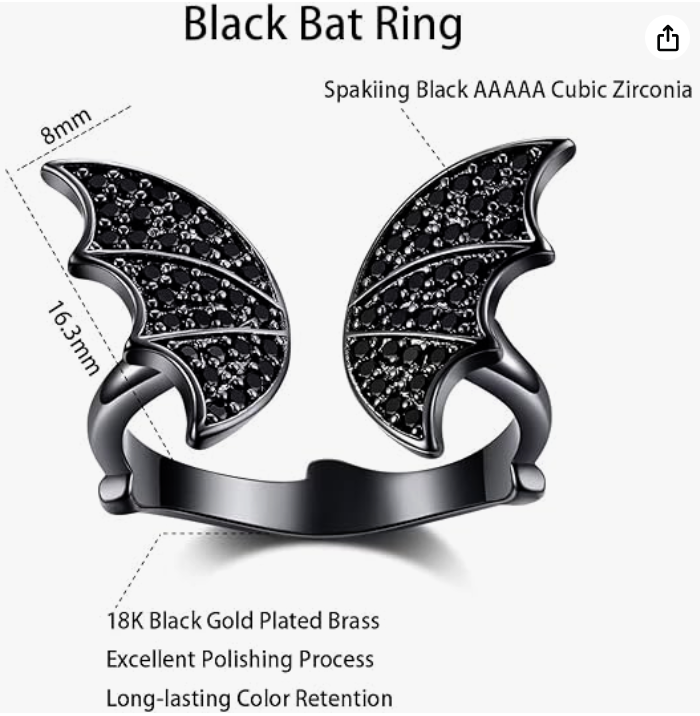 Adjustable Black Diamond  Bat Ring Bat Wing Gothic Mystic Witch Ring Halloween Jewelry Birthday Gift 925 Sterling Silver