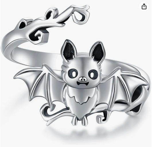 Cute Bat Ring Bat Wing Gothic Mystic Witch Ring Halloween Jewelry Birthday Gift 925 Sterling Silver Adjustable