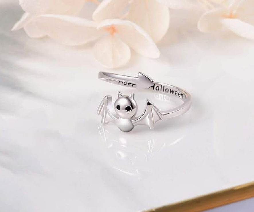 Cute Girls Bat Ring Bat Wing Gothic Mystic Witch Ring Halloween Jewelry Birthday Gift Adjustable 925 Sterling Silver