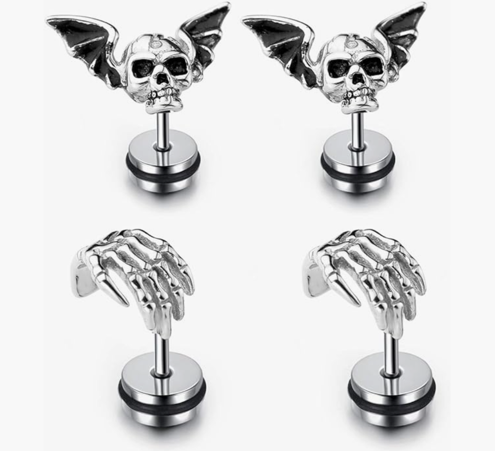 Skull Head Bat Earrings Deathbat Gothic Mystic Witch Bat Skeleton Hands Earring Halloween Jewelry Birthday Gift Stainless Steel