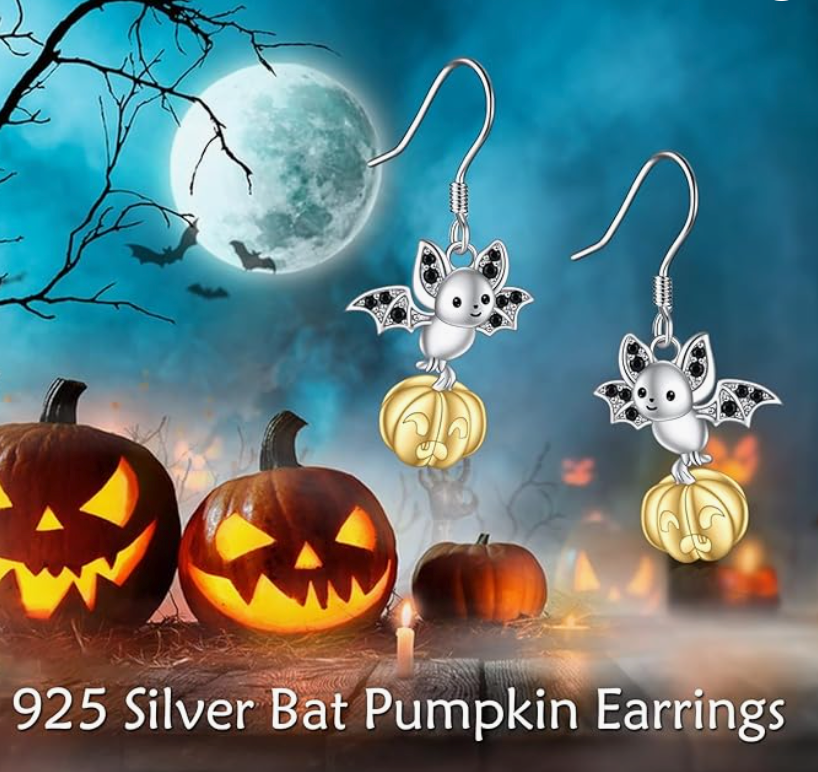 Bat Pumpkin Earrings Hanging Gothic Mystic Witch Pumpkin Bat Earring Halloween Jewelry Birthday Gift 925 Sterling Silver