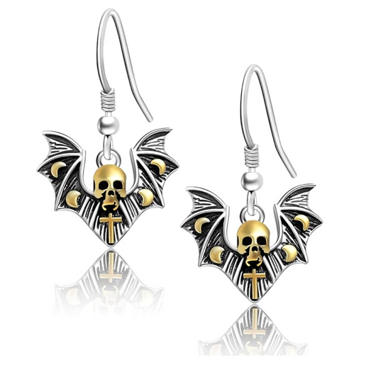Gold Skull Head Cross Bat Hanging  Earrings Gothic Mystic Witch Gold Bat Earring Halloween Jewelry Birthday Gift 925 Sterling Silver