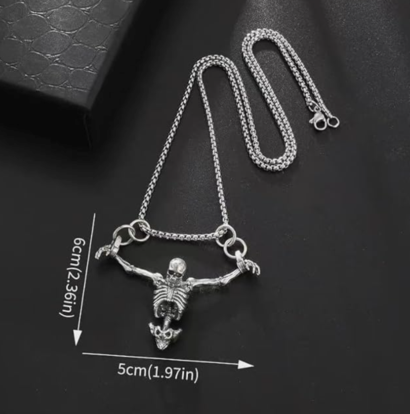 Skull Crucifix Necklace Skeleton Hanging Pendant Halloween Jewelry Birthday Gift Gold Silver Stainless Steel 24in.