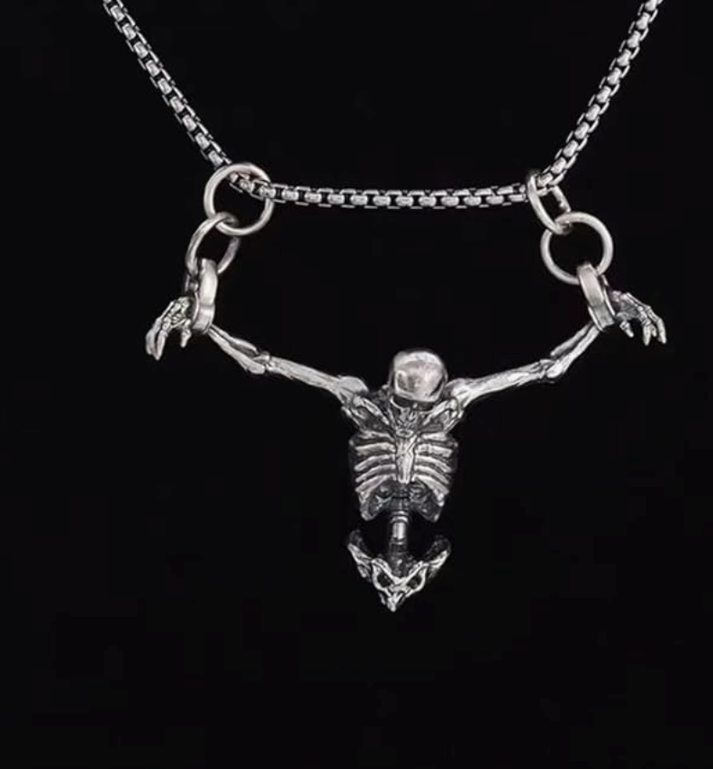 Skull Crucifix Necklace Skeleton Hanging Pendant Halloween Jewelry Birthday Gift Gold Silver Stainless Steel 24in.