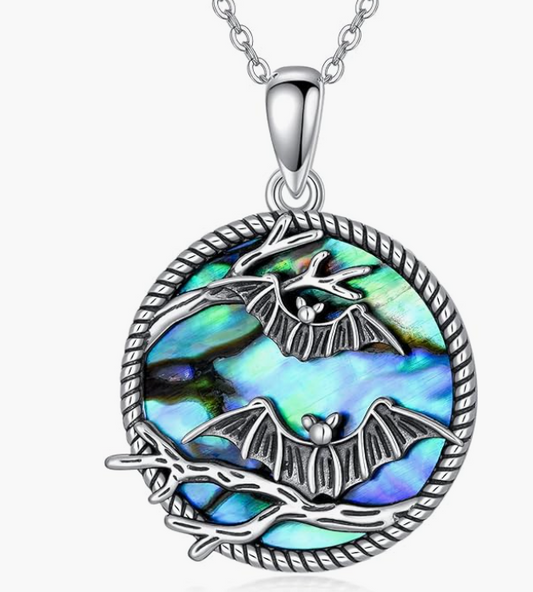 Abalone Bat Necklace Bat Pendant Halloween Jewelry Birthday Gift 925 Sterling Silver 18in.