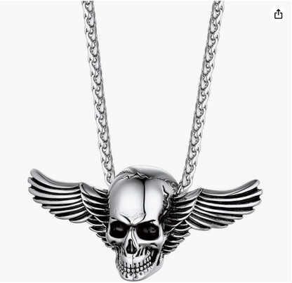 Deathbat Necklace Skull Wings Pendant Skull Head Jewelry Birthday Gift Gold Silver Stainless Steel 24in.