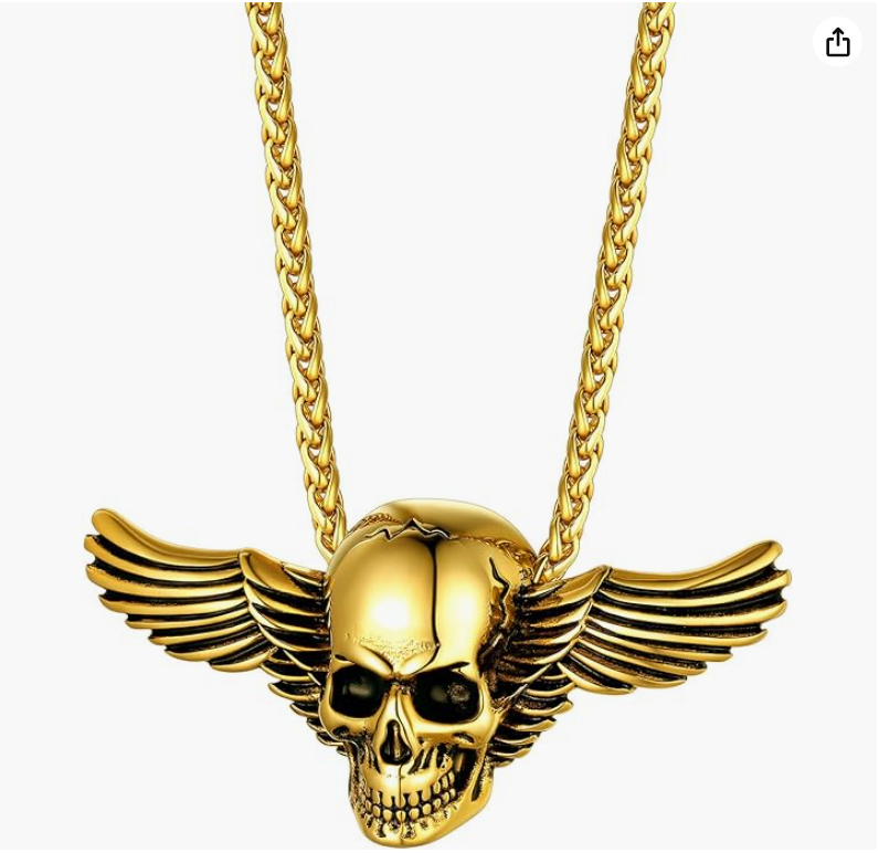 Deathbat Necklace Skull Wings Pendant Skull Head Jewelry Birthday Gift Gold Silver Stainless Steel 24in.