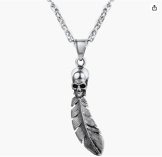 Skull Feather Necklace Skull Head Pendant Skull Head Jewelry Birthday Gift Gold Silver Stainless Steel 24in.