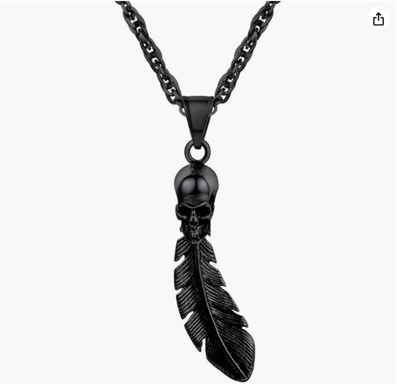 Skull Feather Necklace Skull Head Pendant Skull Head Jewelry Birthday Gift Gold Silver Stainless Steel 24in.