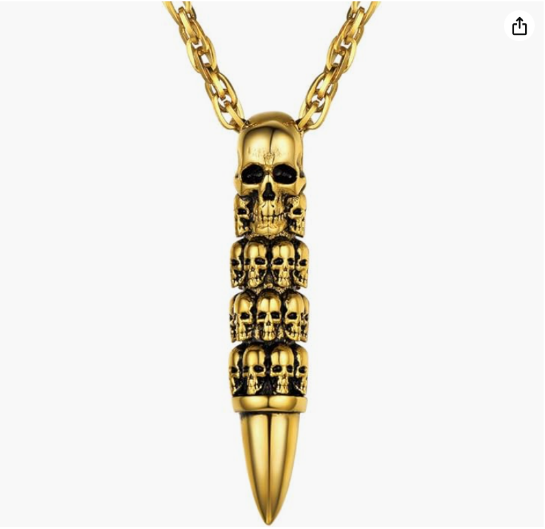 Skull Bullet Necklace Skull Head Pendant Skull Head Jewelry Birthday Gift Gold Silver Stainless Steel 24in.