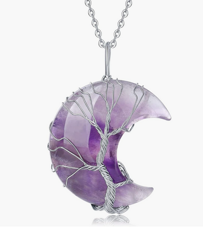 Tree of Life Birthstone Necklace Tree Crescent Moon Pendant Birthstone Jewelry Reiki Healing Crystal Gemstone Quartz Birthday Gift Stainless Steel 24in.