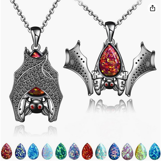 Black Bat Opal Birthstone Necklace Bat Pendant Halloween Witch Gothic Birthstone Jewelry Birthday Gift 925 Sterling Silver 18in.