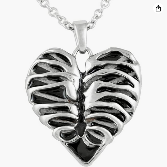 Rib Cage Heart Necklace Love Skeleton Pendant Halloween Skull Jewelry Birthday Gift Stainless Steel 18in.