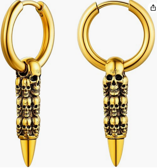 Skull Head Bullet Earrings Huggie Hoop Skull Earring Jewelry Birthday Gift Gold Silver Stainless Steel
