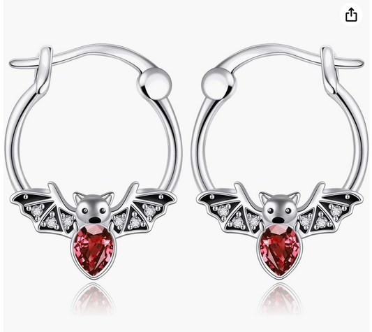 Red Blood Stone Bat Earrings Hoops Gothic Mystic Witch Bat Earring Halloween Jewelry Birthday  925 Sterling Silver