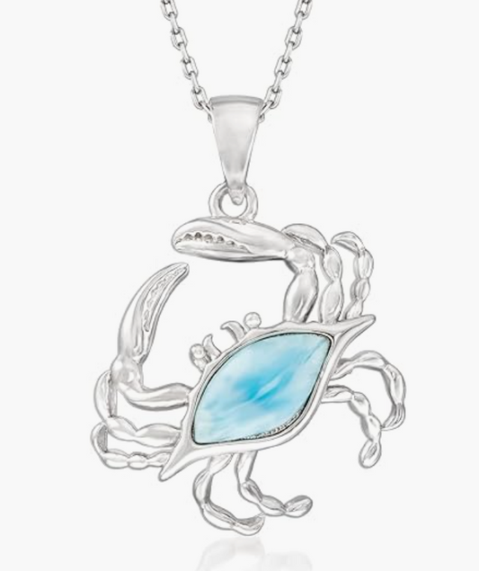 Larimar Blue 925 Sterling Silver Small Crab Pendant Necklace Sea Crab Jewelry Beach Crab Chain Birthday Gift 18in.