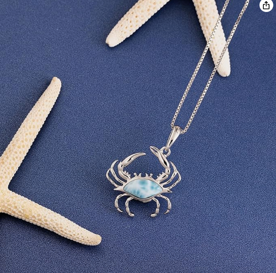 Cute Natural Larimar Blue Crab Claw Pendant Necklace Sea Crab Jewelry Beach Crab Chain Birthday Gift 925 Sterling Silver 18in.