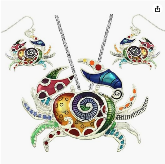 Crab Necklace Pendant Sea Crab Earring Set Jewelry Beach Crab Chain Birthday Gift Silver 18in.