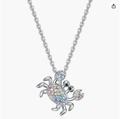 Rainbow Crab Necklace Diamond Pendant Sea Crab Jewelry Beach Crab Chain Birthday Gift Silver 18in.