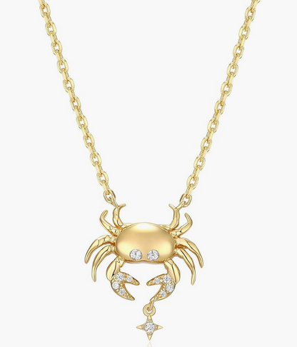 Gold Crab Zodiac Necklace Diamond Pendant Sea Crab Horoscope Jewelry Beach Crab Chain Birthday Gift Silver 925 Sterling Silver 18in.