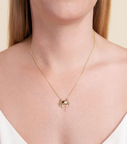 Gold Crab Zodiac Necklace Diamond Pendant Sea Crab Horoscope Jewelry Beach Crab Chain Birthday Gift Silver 925 Sterling Silver 18in.