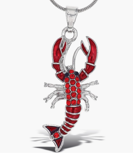 Silver Lobster Pendant Necklace Sea Lobster Jewelry Beach Red Lobster Diamond Chain Birthday Gift 18in.